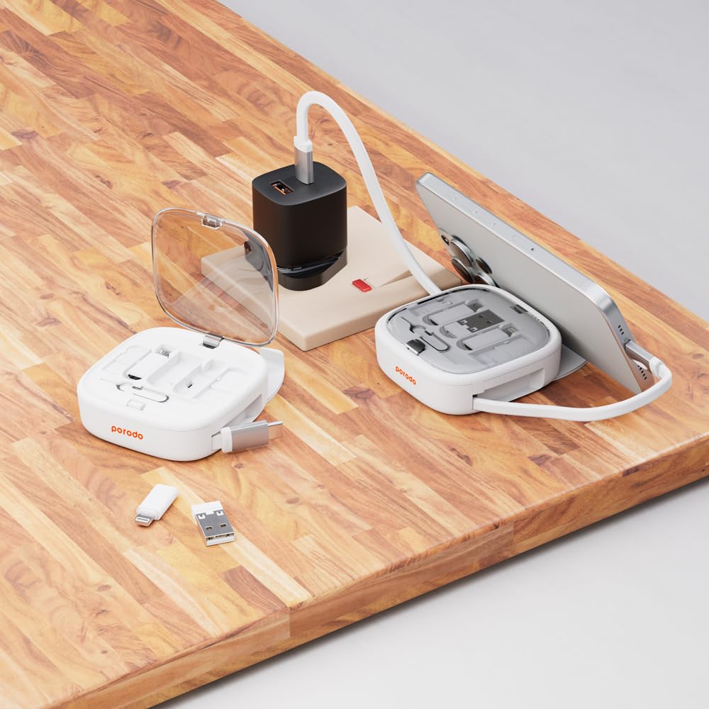 عدة شحن متعددة الوظائف 6 في 1 من بورودو مع كيبل تايب سي بقدرة 60 واط - ابيض | Porodo 6in1 Multi-Functional Charge Kit with 60W Type-C to Type-C Cable – White