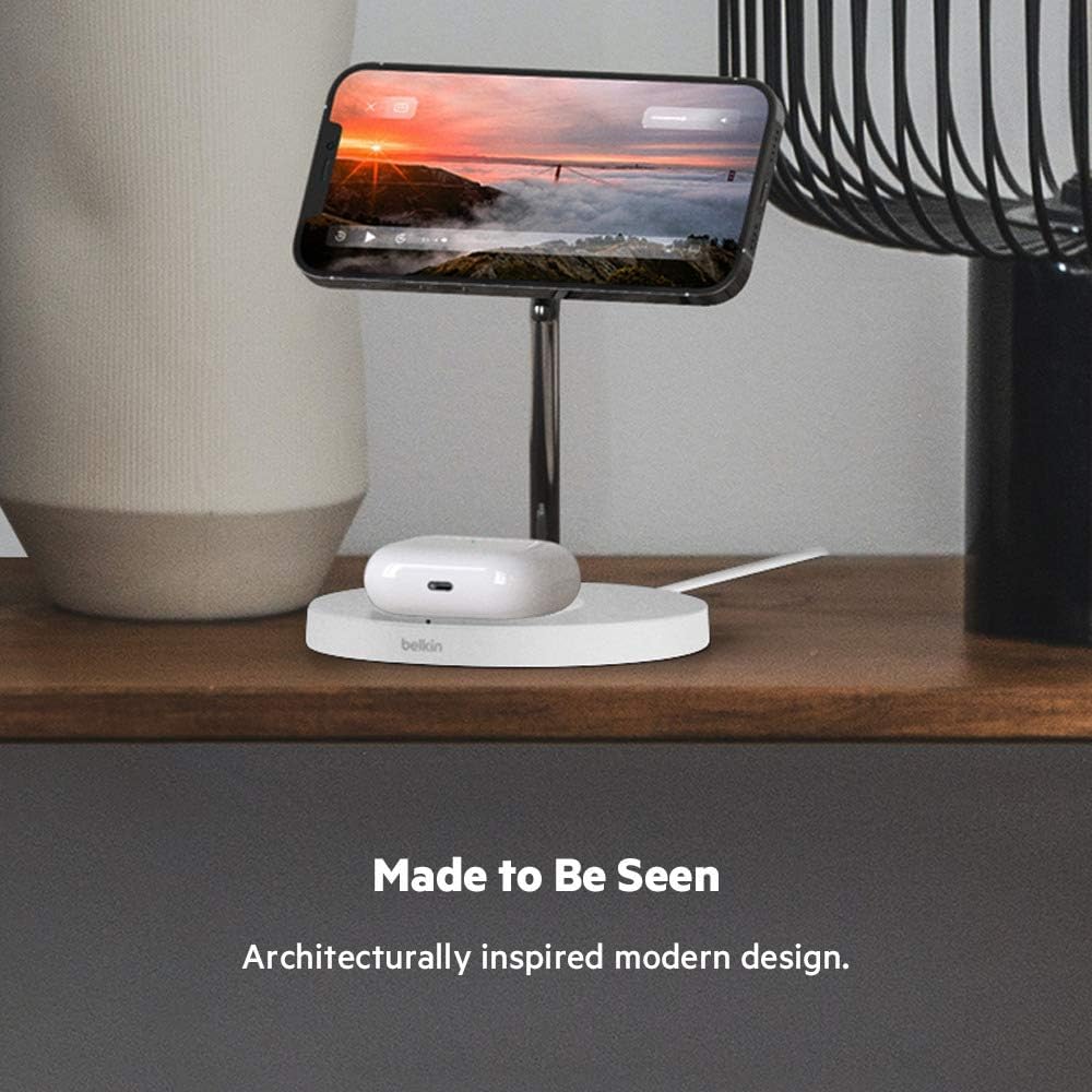 Belkin 2 in 1 Wireless Charger with MagSafe 15W Fast Charging - شاحن بيلكن اللاسلكي 2 في 1 مع ماج سيف حامل شاحن الايفون سريع الشحن بقدرة 15 وات لأجهزة