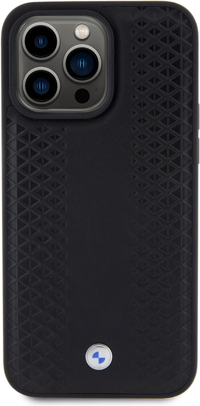 BMW Leather Case, Diamond Pattern, Shockproof Slim Fit for iPhone 15 Pro – Black | كفر جلدي بنقشة ماسية لهاتف ايفون 15 برو, تصميم نحيف مقاوم للصدمات, لون اسود