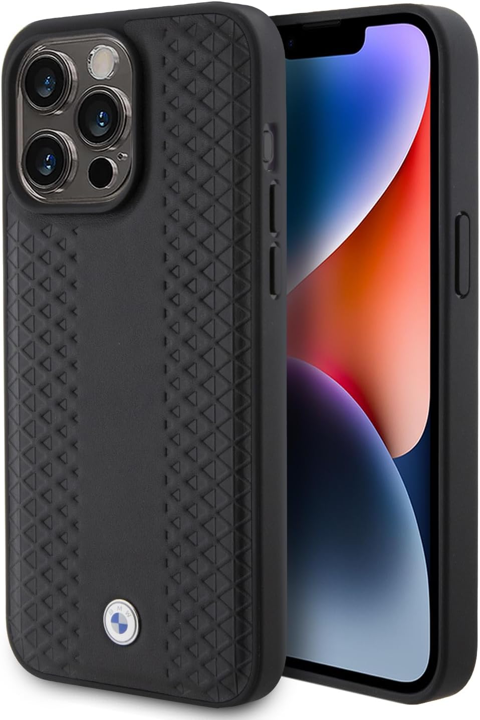 BMW Leather Case, Diamond Pattern, Shockproof Slim Fit for iPhone 15 Pro – Black | كفر جلدي بنقشة ماسية لهاتف ايفون 15 برو, تصميم نحيف مقاوم للصدمات, لون اسود