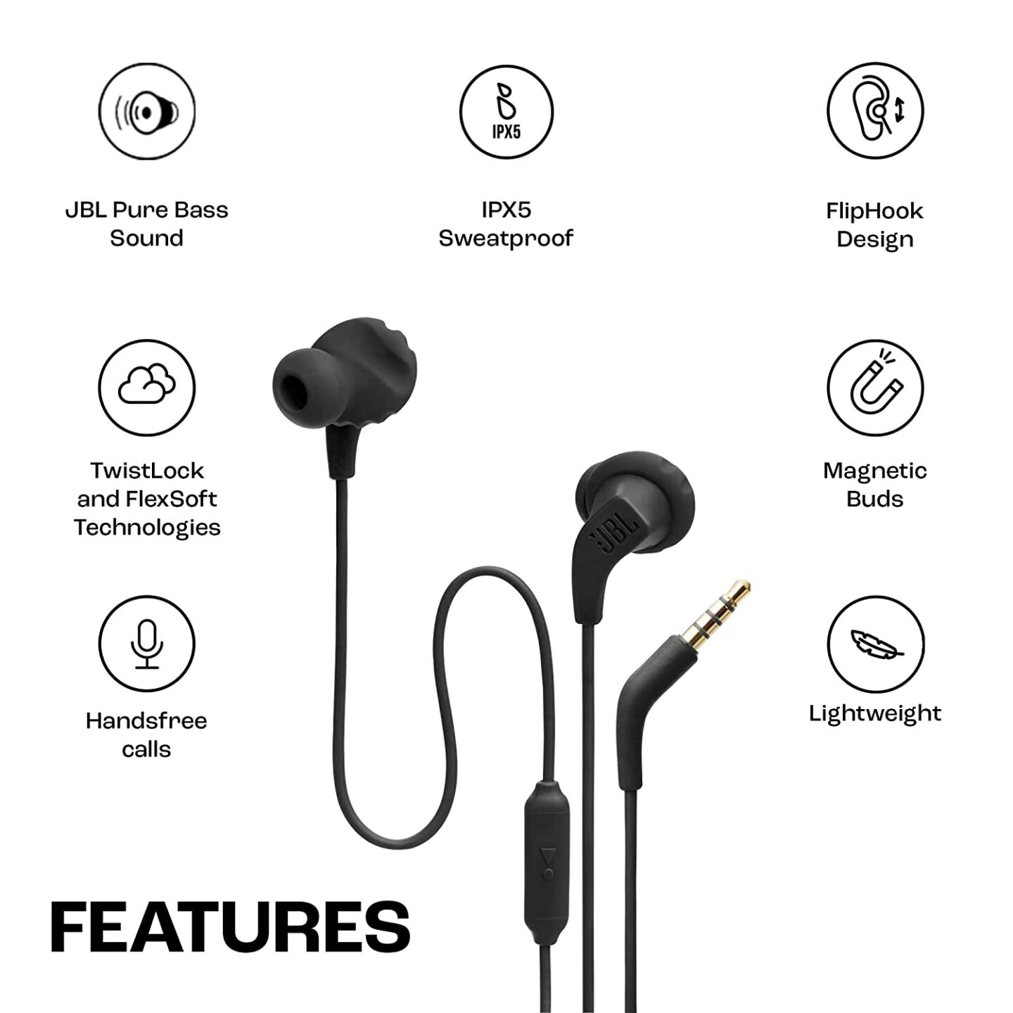 JBL Endurance Run 2 Wired Waterproof In-Ear Sports Headphones | سماعة جي بي ال Endurance Run 2 داخل الاذن سلكية رياضية مقاومة للماء