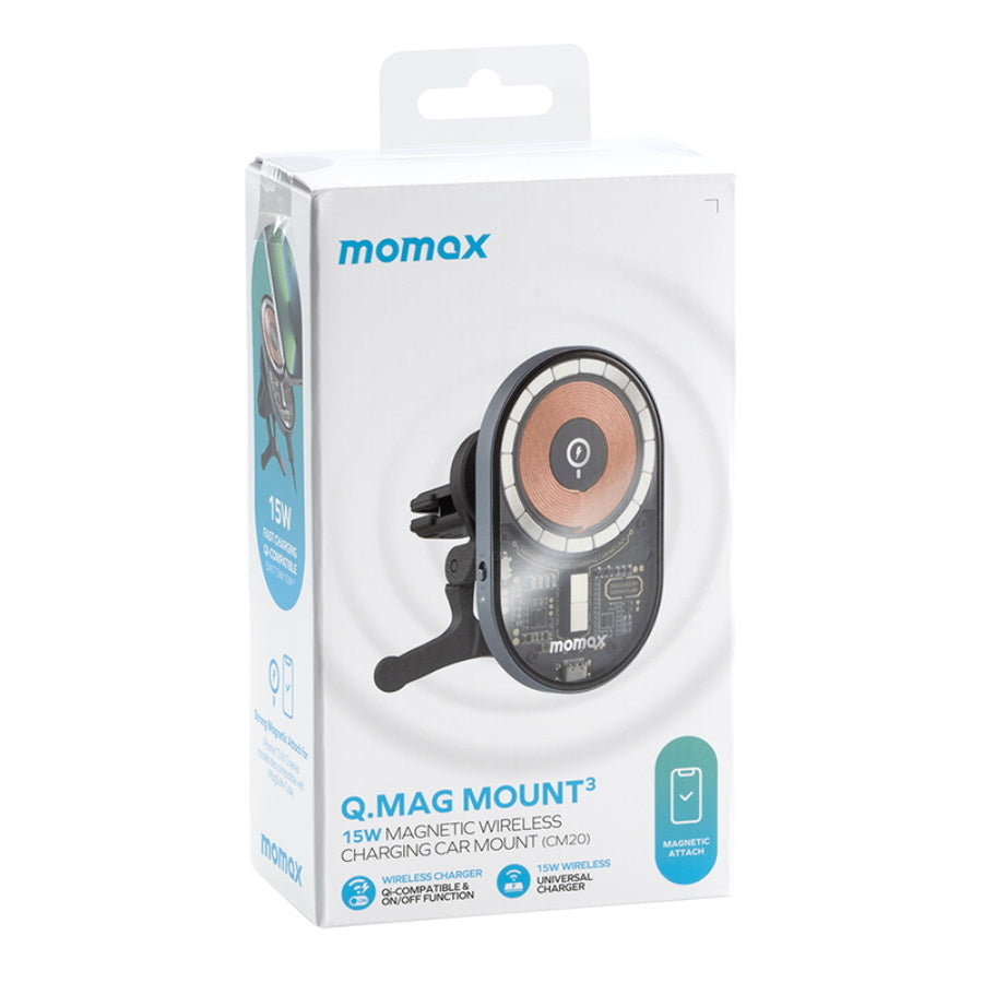 Momax Q.Mag Mount 3 15W Magnetic Wireless Charging Car Mount - حامل هاتف مغناطيسي للسيارة مع شحن لاسلكي سريع 15 واط