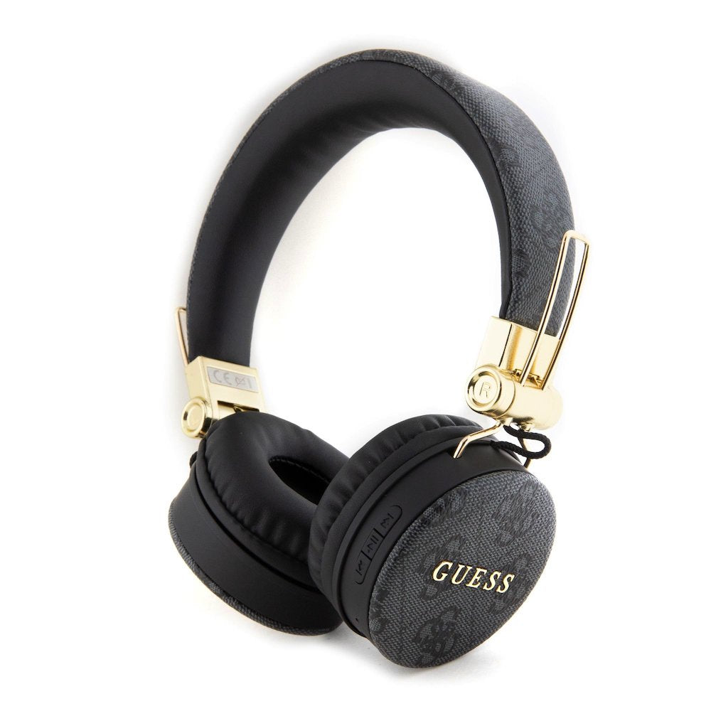 Guess Wireless Headphones 4G PU Leather with Metal Logo – Black | سماعة راس GUESS بلوتوث, جلد بنقشة 4 جي وشعار معدني, تشغيل حتى 32 ساعة - اسود