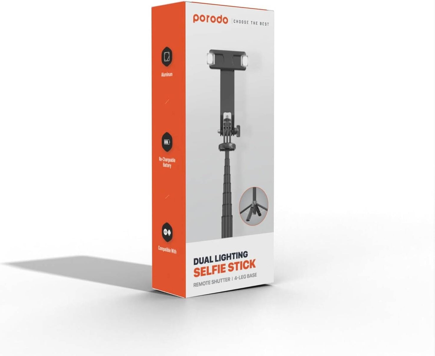 عصا سيلفي بورودو بطول 135 سم قابلة للتمديد مع اضائة قابلة للفصل وترايبود 4 ارجل - اسود | Porodo Selfie Stick 135cm Extendable with Detachable Light 4 Leg Tripod - Black