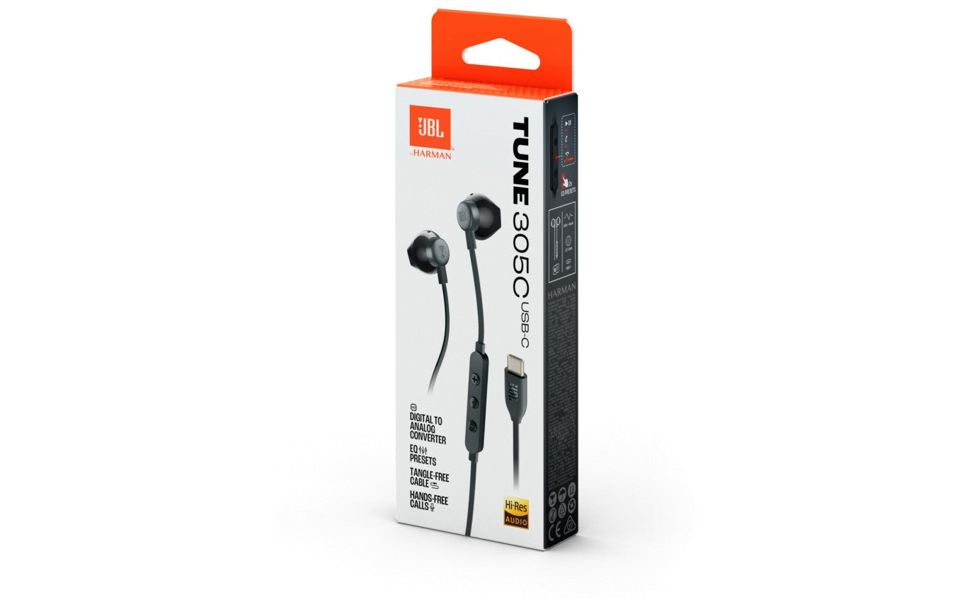 سماعات جي بي ال 305C السلكية عالية الدقة بمنفذ تايب سي - اسود | JBL Tune 305C Wired In-Ear Type-C Hi-Res Headphones – Black