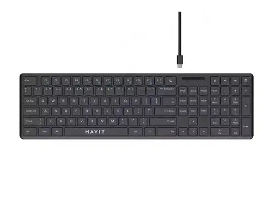 Havit KB252 Keyboard – 108 Keys, USB-C Wired - لوحة مفاتيح من هافيت – سلكية، 108 زر، تصميم مريح باللون الأسود