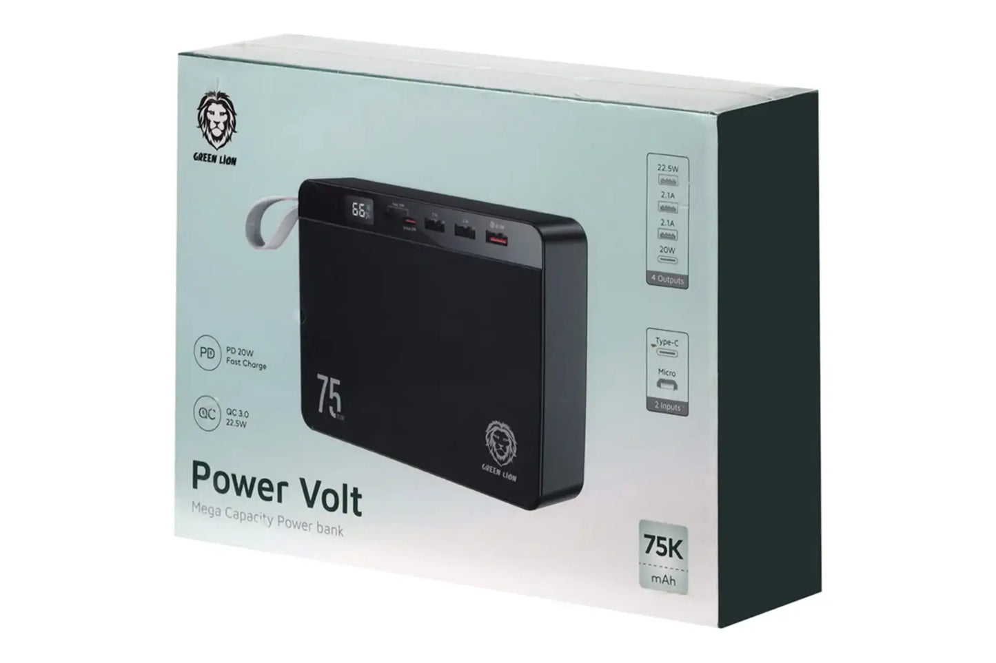 باور بانك جرين لايون فولت بسعة 75,000 مللي امبير وبقدرة شحن PD 20 واط و QC3.0 22.5 واط - اسود | Green Lion Power Volt Mega Capacity Power Bank 75000mAh PD 20W QC3.0 22.5W – Black