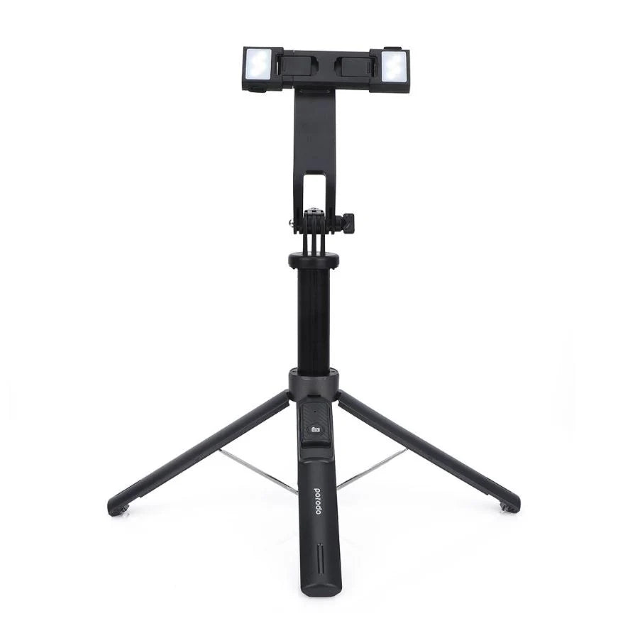 عصا سيلفي بورودو بطول 135 سم قابلة للتمديد مع اضائة قابلة للفصل وترايبود 4 ارجل - اسود | Porodo Selfie Stick 135cm Extendable with Detachable Light 4 Leg Tripod - Black