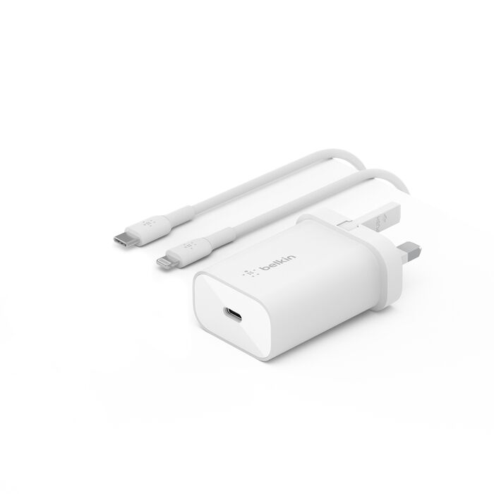 بلكن شاحن حائط تايب سي 25 واط مع كيبل تايب سي الى لايتننغ - Belkin BoostCharge USB-C Wall Charger 25W USB-C PD Certified with PPS & 1M USB-C to Lightning Cable