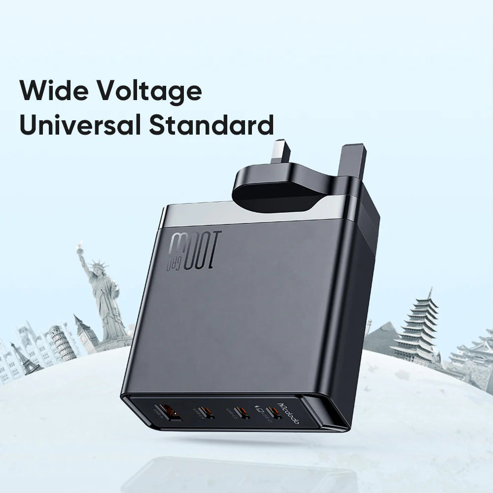 Mcdodo 100W 3 Port UCB-C and 1 Port UCB GaN Fast Charger Kit - شاحن جداري بثلاث منافذ يو اس بي سي ومنفذ يو اس بي بدرة 100واط من مكدودو