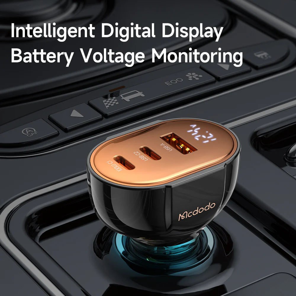 Mcdodo 100W Dual USB-C +USB-A Digital Display PD Car Charger - شاحن سيارة سريع الشحن بمنفذين يو اس بي سي ومنفذ يو اس بي أ من مكدودو