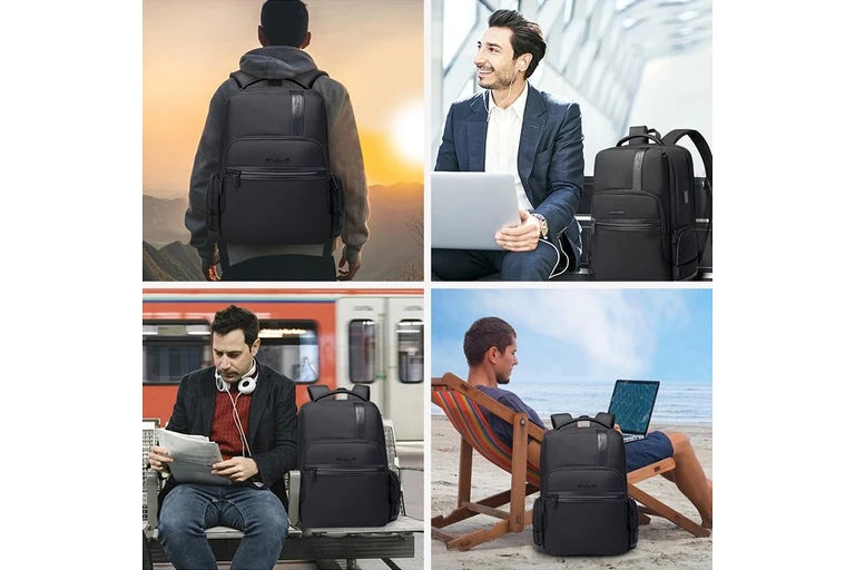 حقيبة بانجي رجالية مقاومة للماء مع منفذ يو اس بي - اسود | BANGE Men Letter Leather Stitching Waterproof Backpack with USB Port – Black