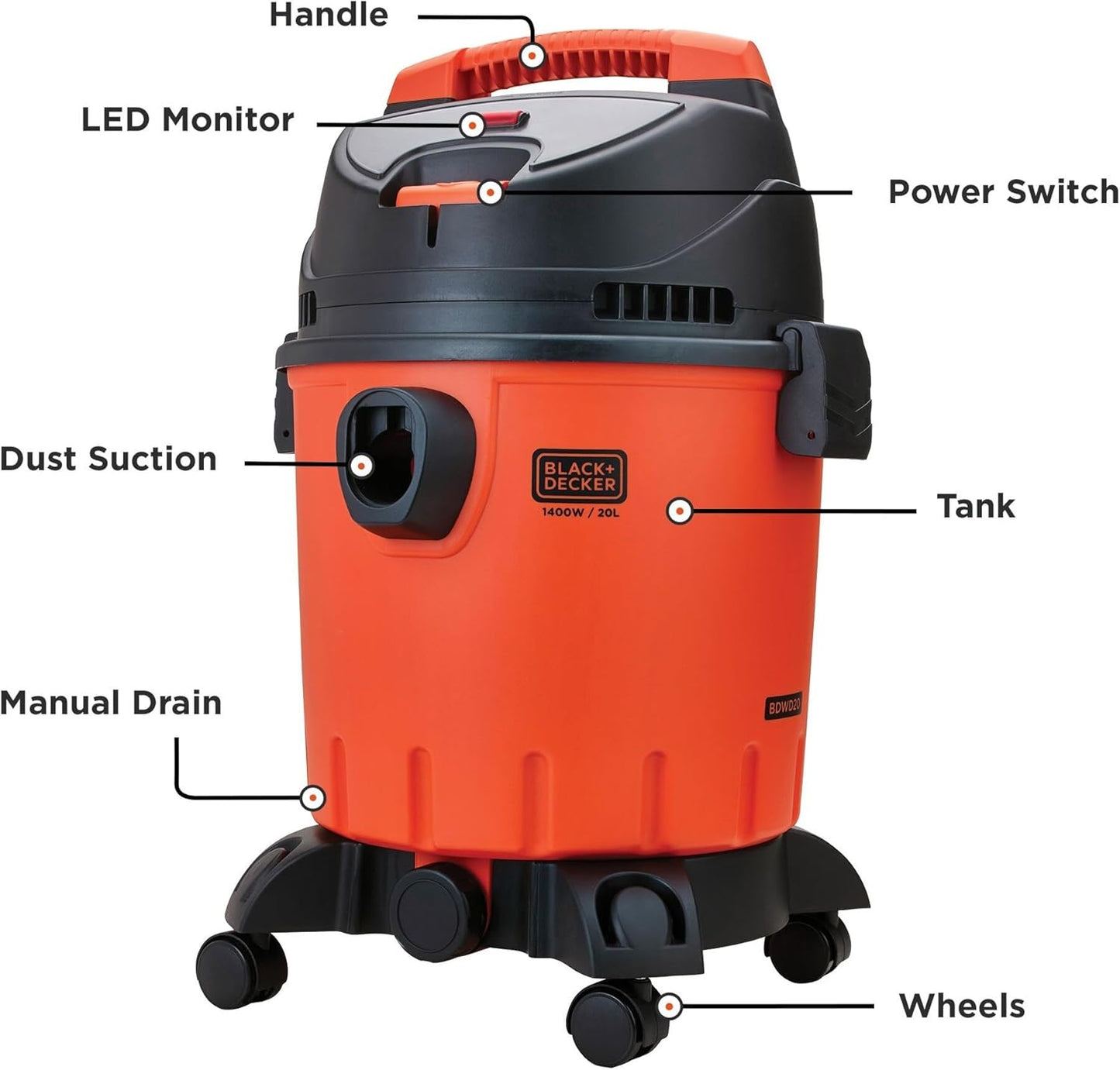 Black+Decker 20L Cylinder Vacuum Cleaner Wet & Dry Tank 1400W - مكنسة أسطوانية بلاك آند ديكر 20 لتر للأرضيات الرطبة والجافة