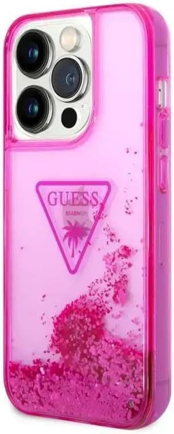 Guess Liquid Glitter Case with Triangle Translucent Logo for iPhone 15 Pro Max | كفر GUESS بلون فوشيا وشعار شفاف مثلثي لهاتف ايفون 15 برو ماكس