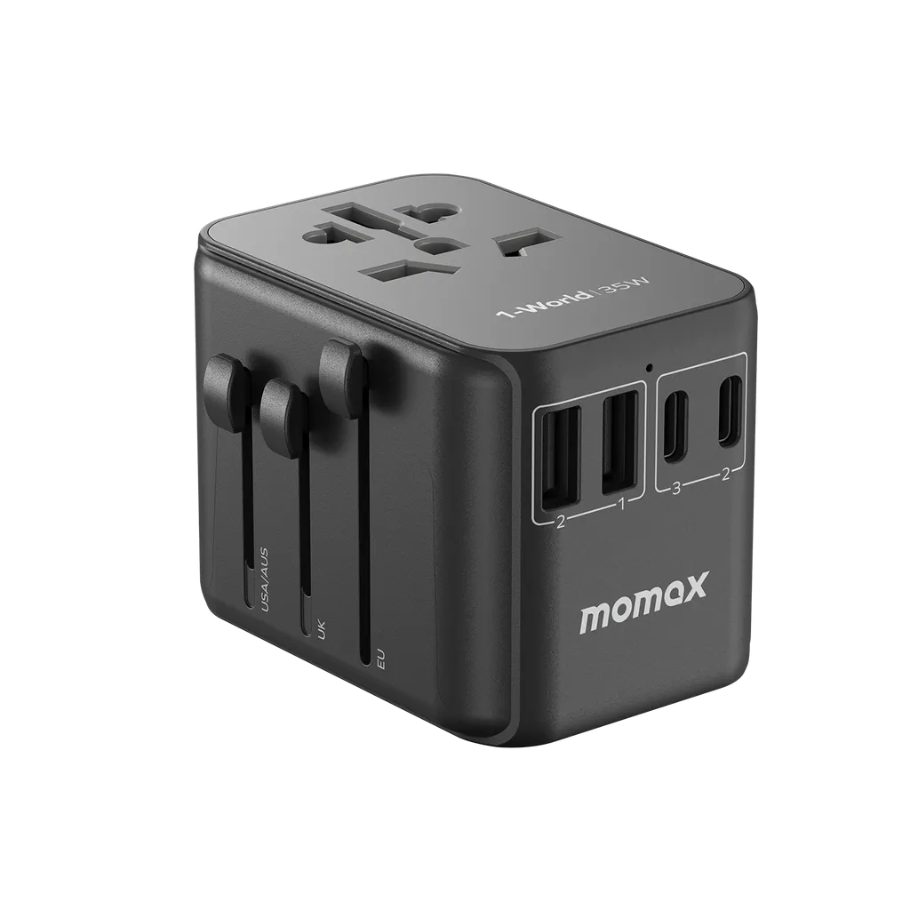 Momax 1-World PD 35W 5-Port Charger with AC Travel Adapter - شاحن موماكس 1-World PD بقدرة 35 واط, شاحن عالمي للسفر ب 5 منافذ ومحول طاقة AC
