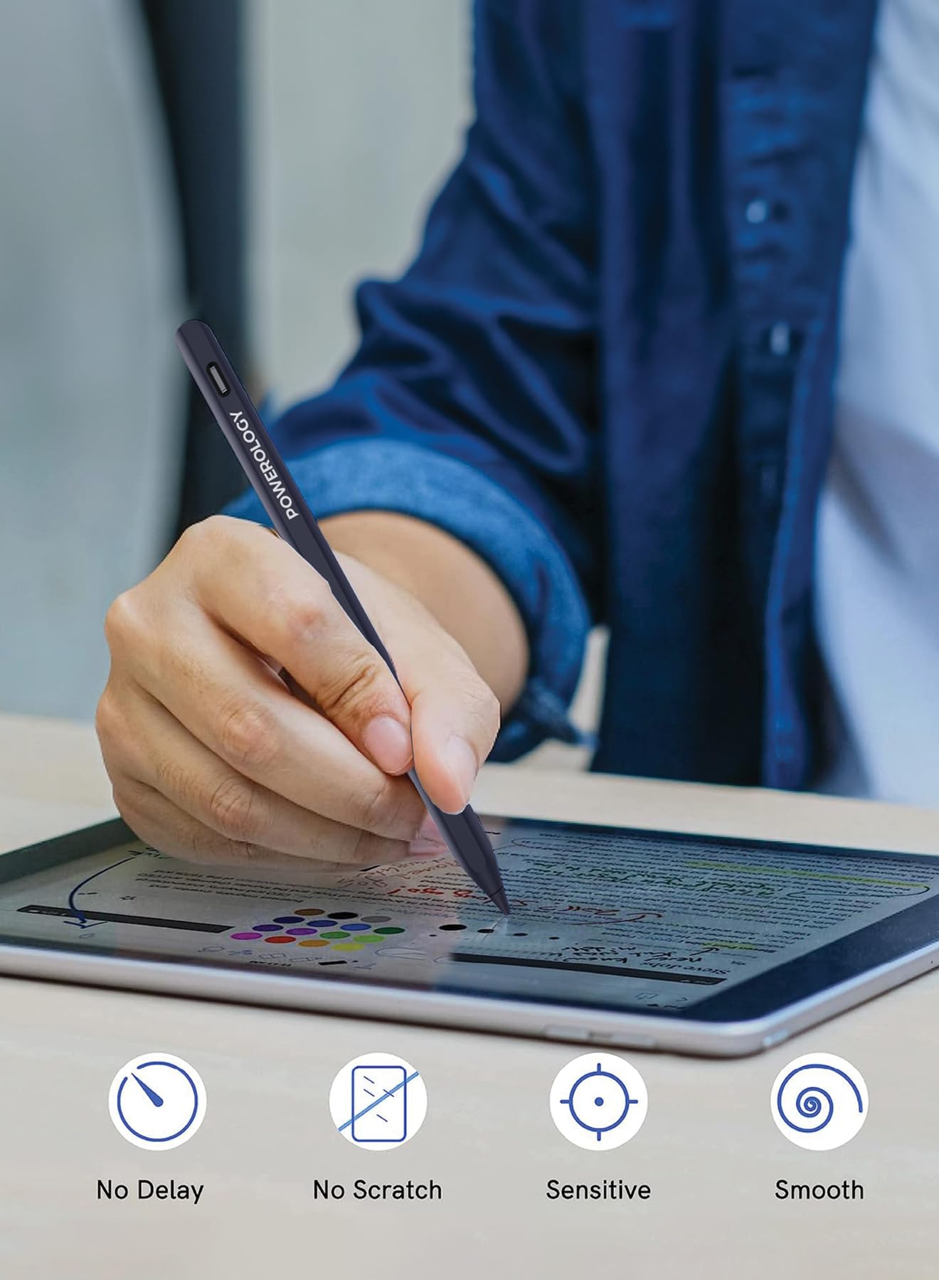 .قلم باورولوجي الذكي للايباد بطرف 1.5 ملم, متوافق مع ايباد | Powerology 1.5mm Tip Smart Apple iPad Pencil – Compatible with iPad.