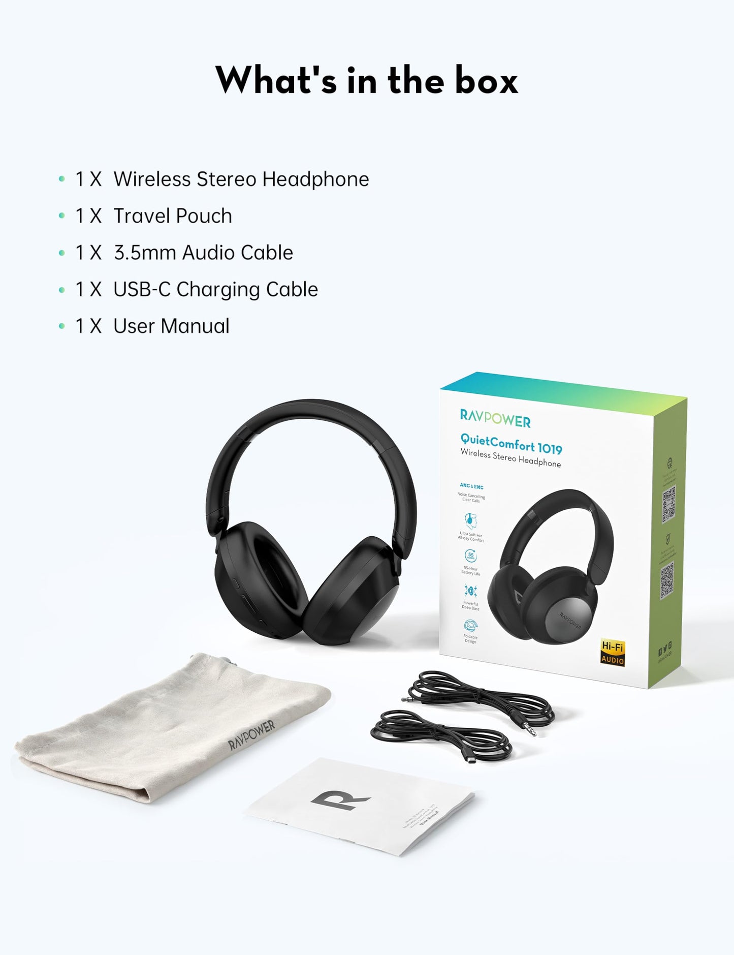 سماعة راف باور BH1019 اللاسلكية فوق الاذن مع عزل ضوضاء وزمن تشغيل حتى 55 ساعة - اسود | RAVPower BH1019 Quiet Comfort Over-Ear Wireless Stereo Headphones (55H Playtime, ANC & ENC) – Black