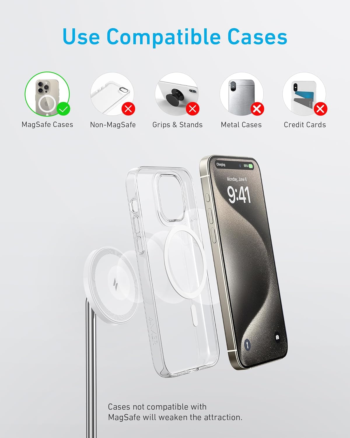 Anker Wireless PowerWave 2 in 1 Magnetic Charging Stand Lite with USB-C Cable - حامل الشحن المغناطيسي أنكر باور ويف 2 في 1 لايت اللاسلكي مع كابل يو اس بي سي