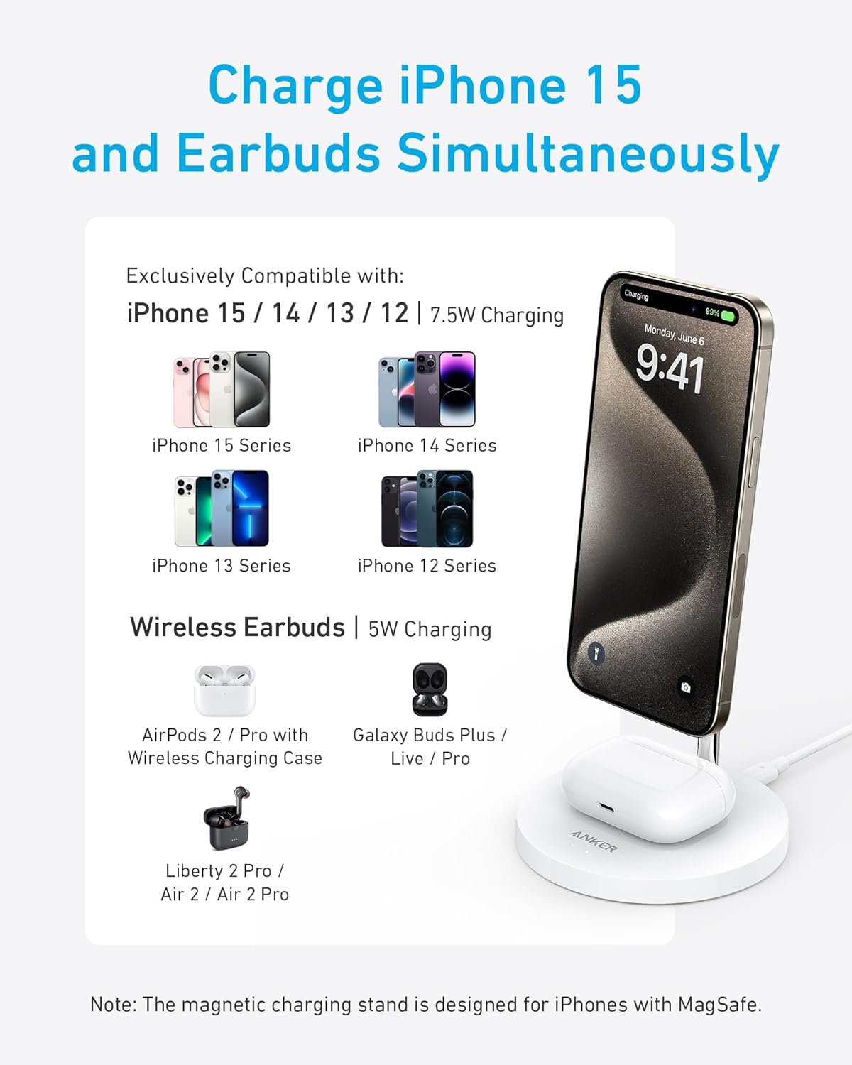 Anker Wireless PowerWave 2 in 1 Magnetic Charging Stand Lite with USB-C Cable - حامل الشحن المغناطيسي أنكر باور ويف 2 في 1 لايت اللاسلكي مع كابل يو اس بي سي