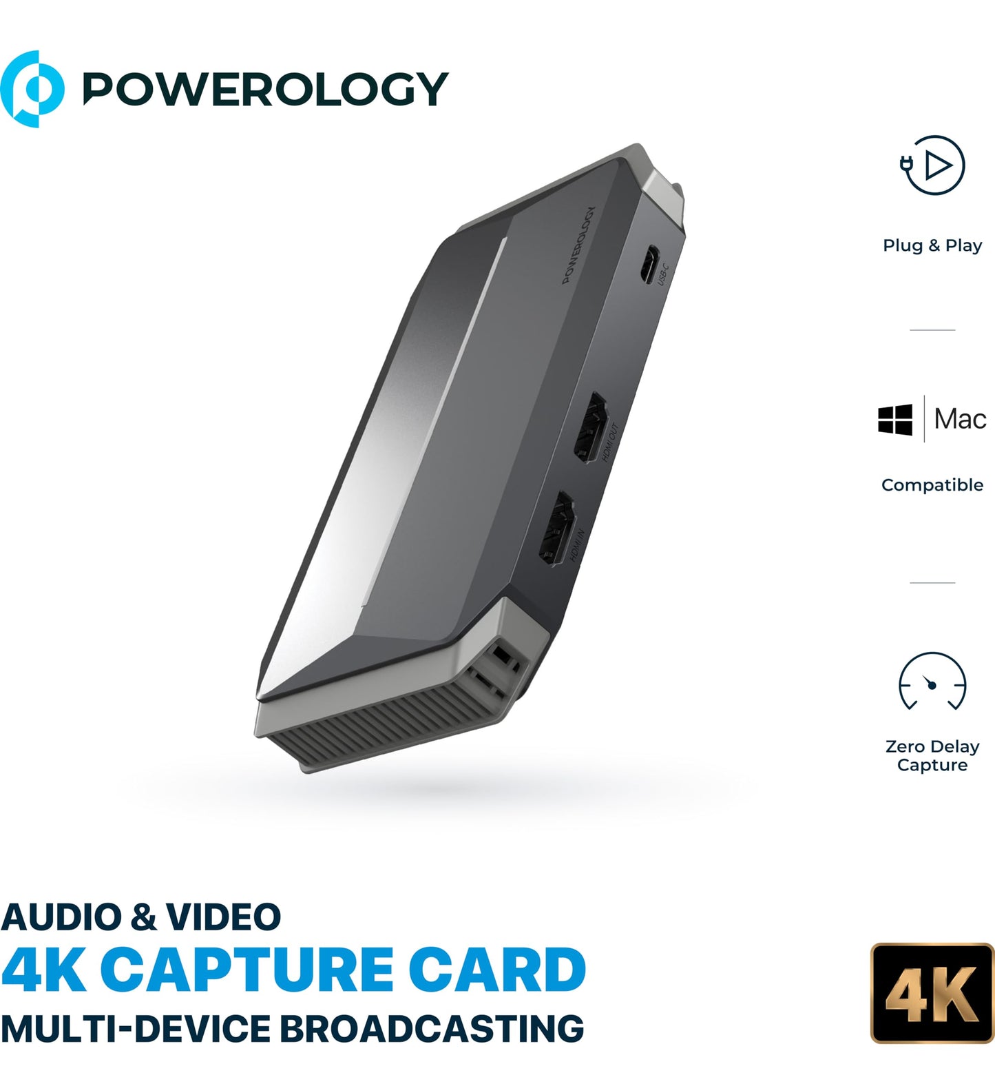 باورولوجي كارت التقاط فيديو وصوت بدقة 4K للبث للاجهزة المتعددة | Powerology Audio & Video 4K Capture Card Multi-Device Broadcasting