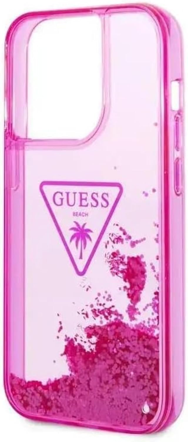 Guess Liquid Glitter Case with Triangle Translucent Logo for iPhone 15 Pro Max | كفر GUESS بلون فوشيا وشعار شفاف مثلثي لهاتف ايفون 15 برو ماكس