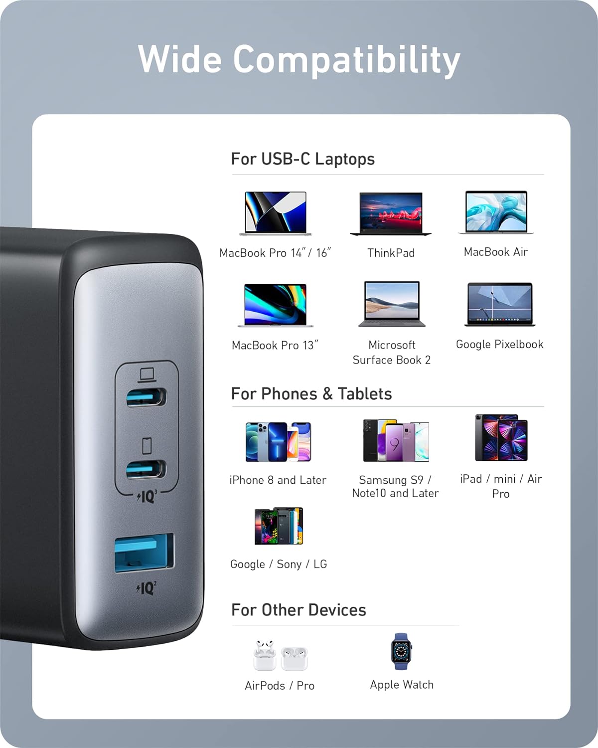 شاحن جداري انكر GaN ب 3 منافذ وبقدرة شحن 100 واط | Anker 100W USB C Charger 736 GaN II Charger 3-Port Fast Compact Wall Charger