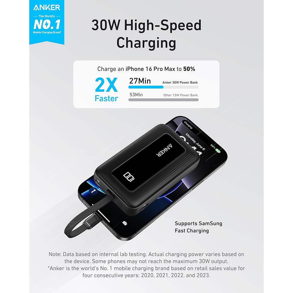 باور بانك أنكر بسعة 20,000 مللي أمبير وبقدرة شحن 30 واط مع كيبل USB-C مدمج | Anker Power Bank 20K 30W Built-In USB-C Cable
