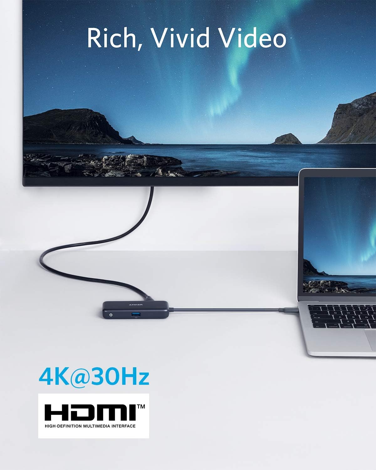 Anker 3in1 Type C Hub 4K USB C to HDMI Adapter USB 3.0 with 60W Power Delivery - أنكر 3 في 1 تايب سي هوب محول تايب سي إلى اتش دي ام اي بدقة 4ك منفذ يو اس بي 3.0 مع توصيل طاقة بقدرة 60 واط