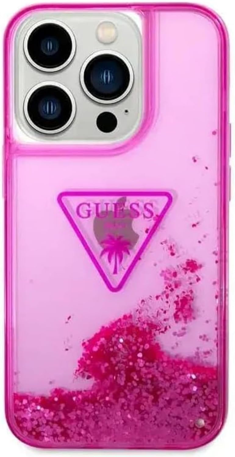 Guess Liquid Glitter Case with Triangle Translucent Logo for iPhone 15 Pro Max | كفر GUESS بلون فوشيا وشعار شفاف مثلثي لهاتف ايفون 15 برو ماكس