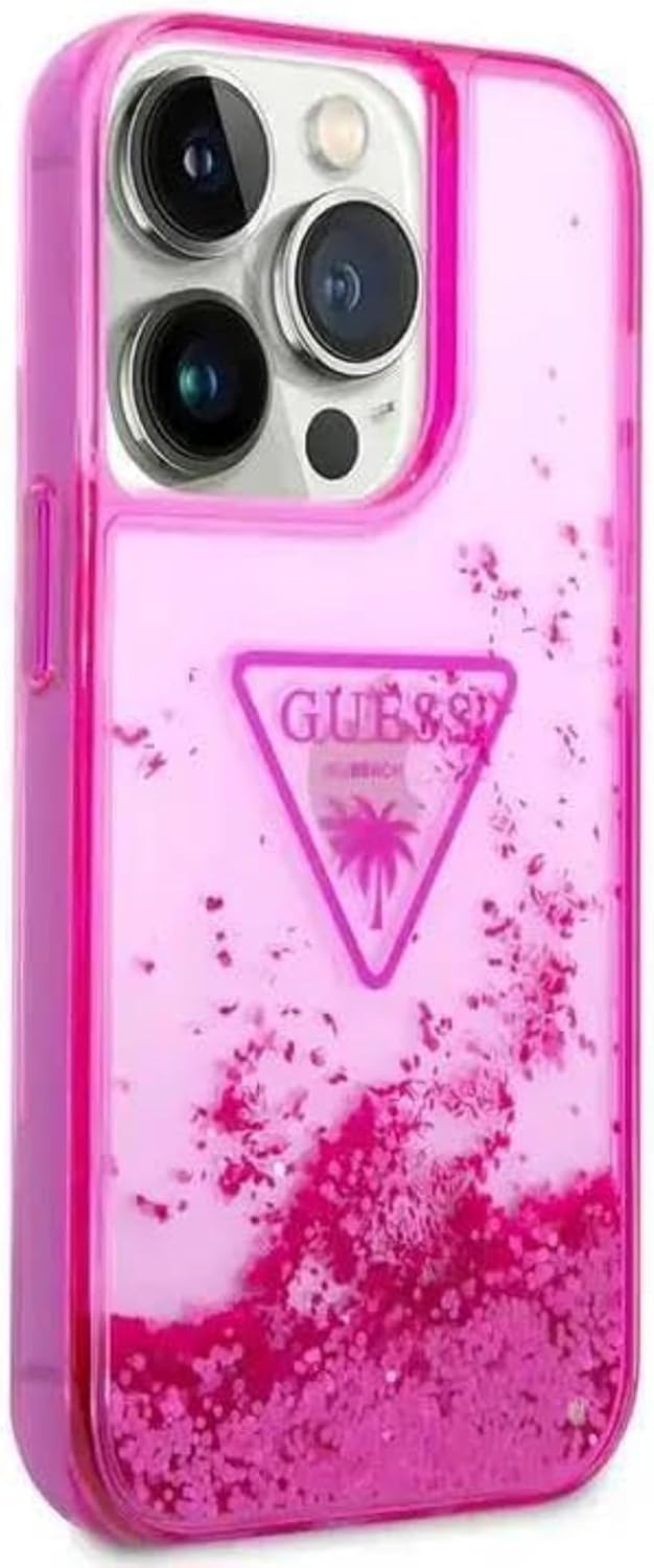 Guess Liquid Glitter Case with Triangle Translucent Logo for iPhone 15 Pro Max | كفر GUESS بلون فوشيا وشعار شفاف مثلثي لهاتف ايفون 15 برو ماكس