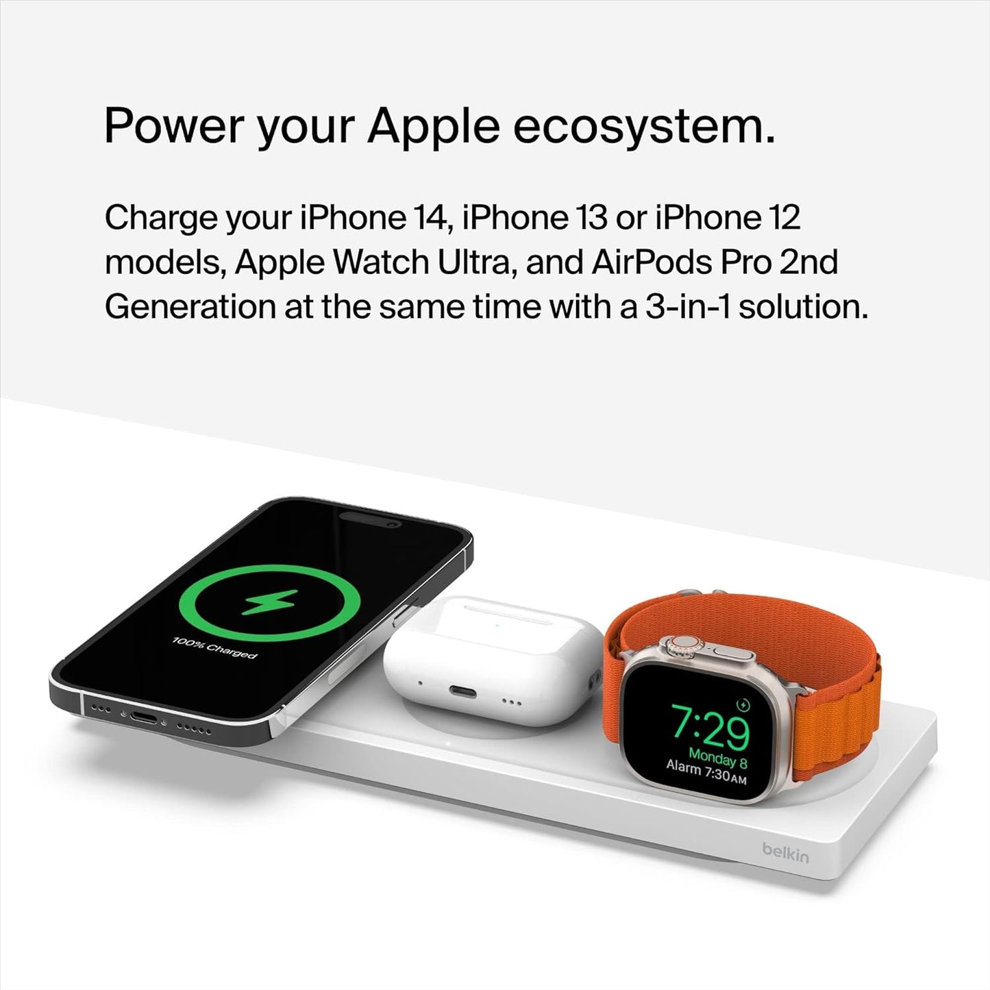 Belkin MagSafe Charger 3 in 1 Wireless Charging Station - شاحن لاسلكي 3 في 1 ماج سيف من بيلكن شحن سريع 15 واط للايفون وابل ووتش