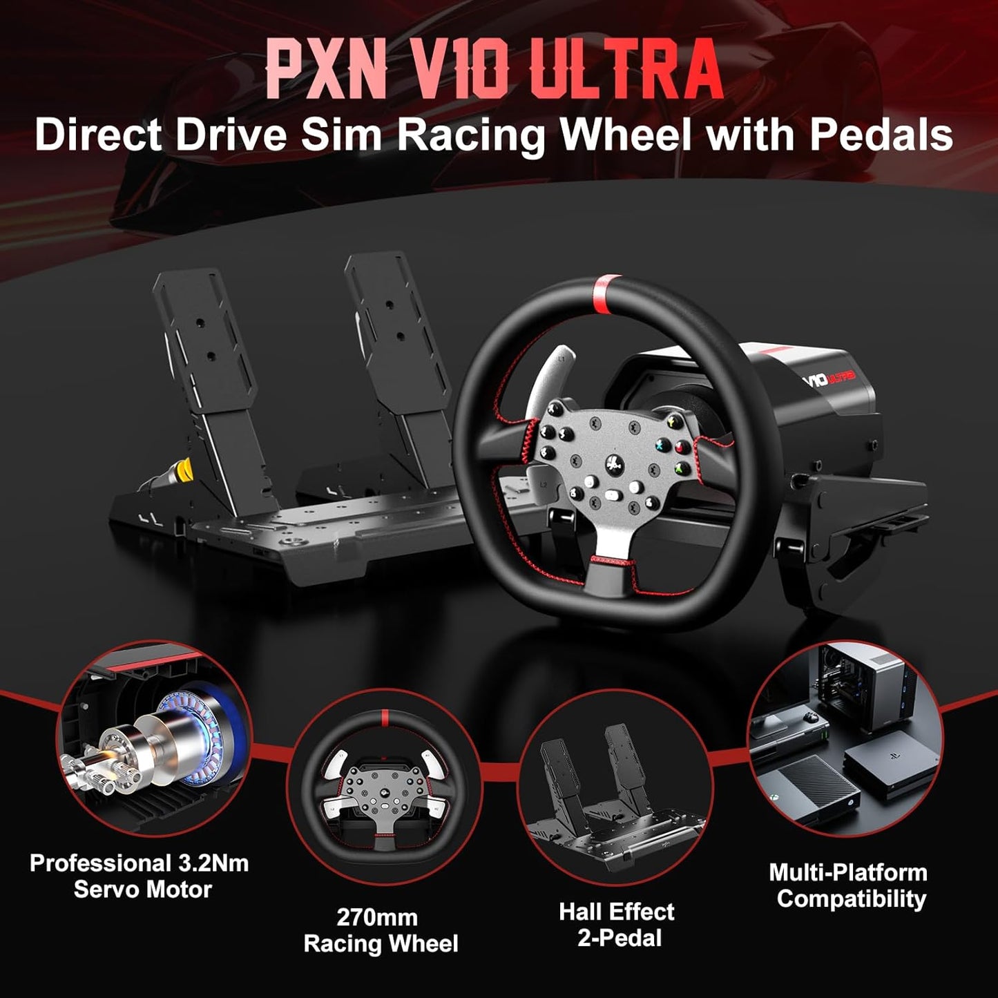 عجلة قيادة احترافية - PXN V10 PRO - Direct Drive Gaming Steering Wheel 270°/900° - with Pedals - Black