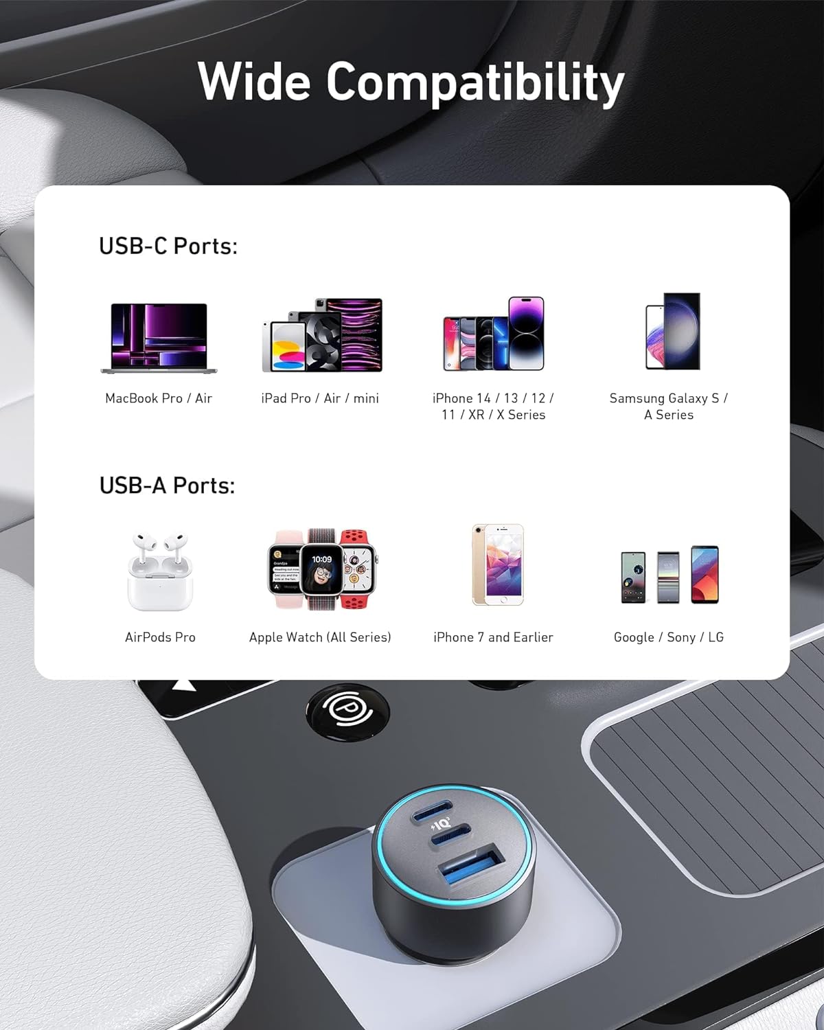 شاحن سيارة انكر 535 بقدرة 67 واط, بمنفذين تايب سي ومنفذ يو اس بي اي مع كيبل تايب سي الى تايب سي - اسود | Anker 535 Car Charger (67W) 3-Port Compact Fast Car Charger with Type-C Cable – Black