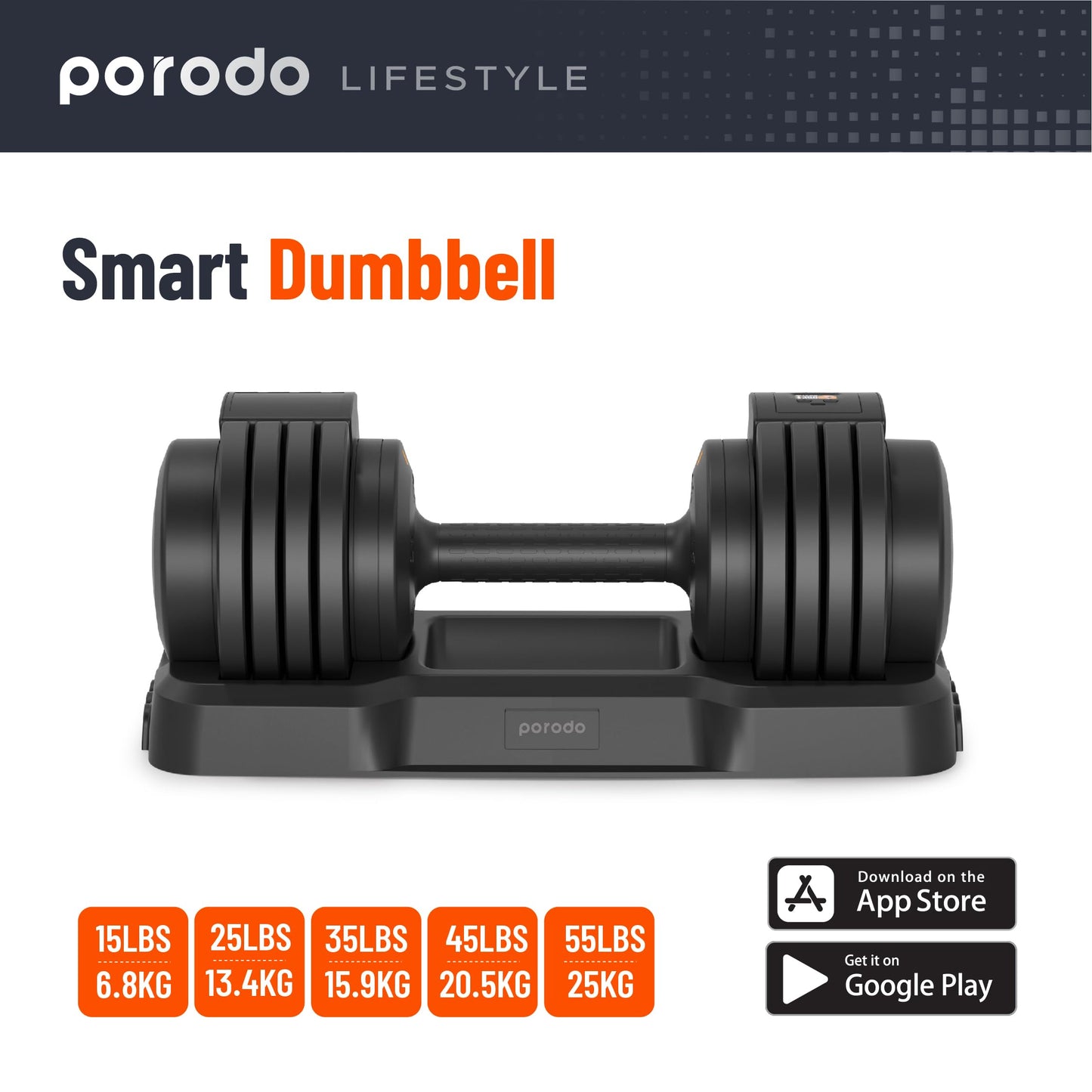 دمبل بورودو الذكي القابل للتعديل بوزن يصل حتى 55 باوند | Porodo 55 LB Single Adjustable Smart Dumbbell