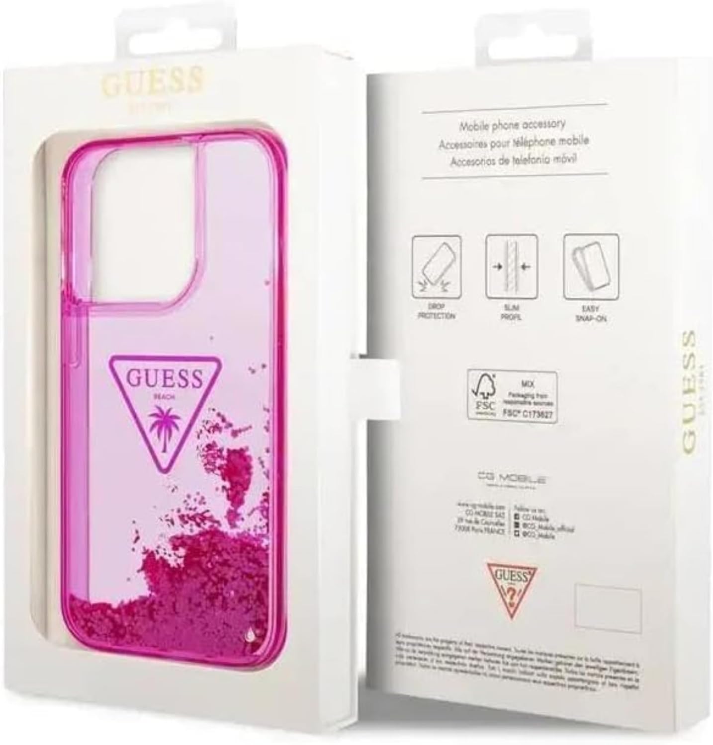 Guess Liquid Glitter Case with Triangle Translucent Logo for iPhone 15 Pro Max | كفر GUESS بلون فوشيا وشعار شفاف مثلثي لهاتف ايفون 15 برو ماكس