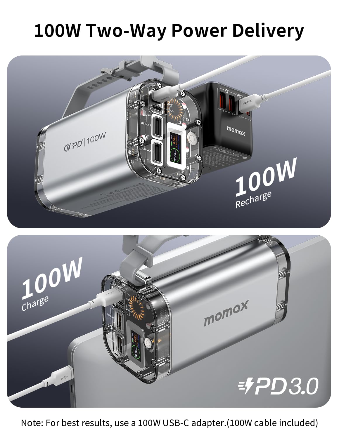 Momax iPowerstone Mini 40000mAh Power Bank, 100W Fast Charging PPS Portable Charger - باور بانك موماكس ايبورستون ميني سعة 40000 مللي امبير, شحن سريع 100 واط, دعم PPS