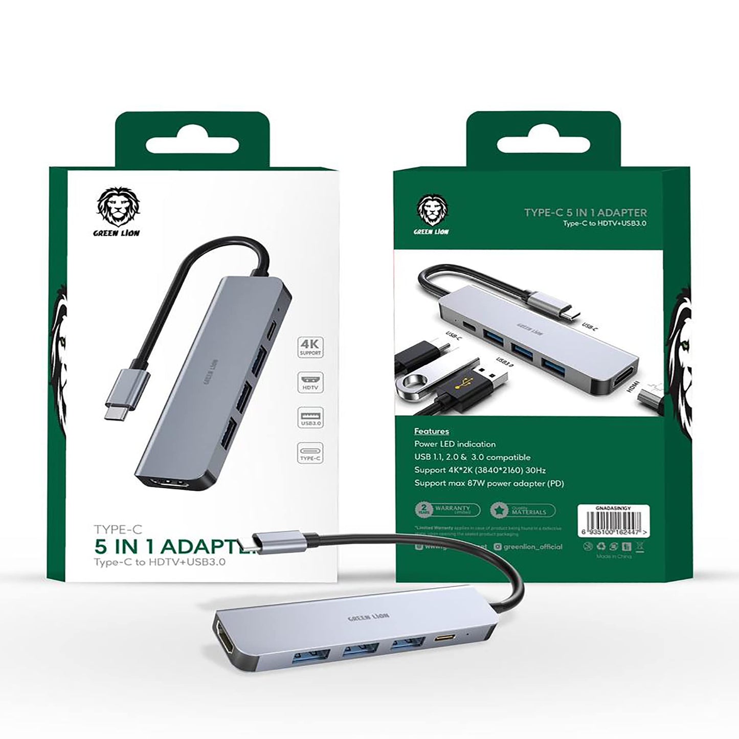 محول جرين لايون 5 في 1 بمنفذ تايب سي بدقة 4K - رمادي | Green Lion 5 in 1 Type-C Adapter 4K - Gray