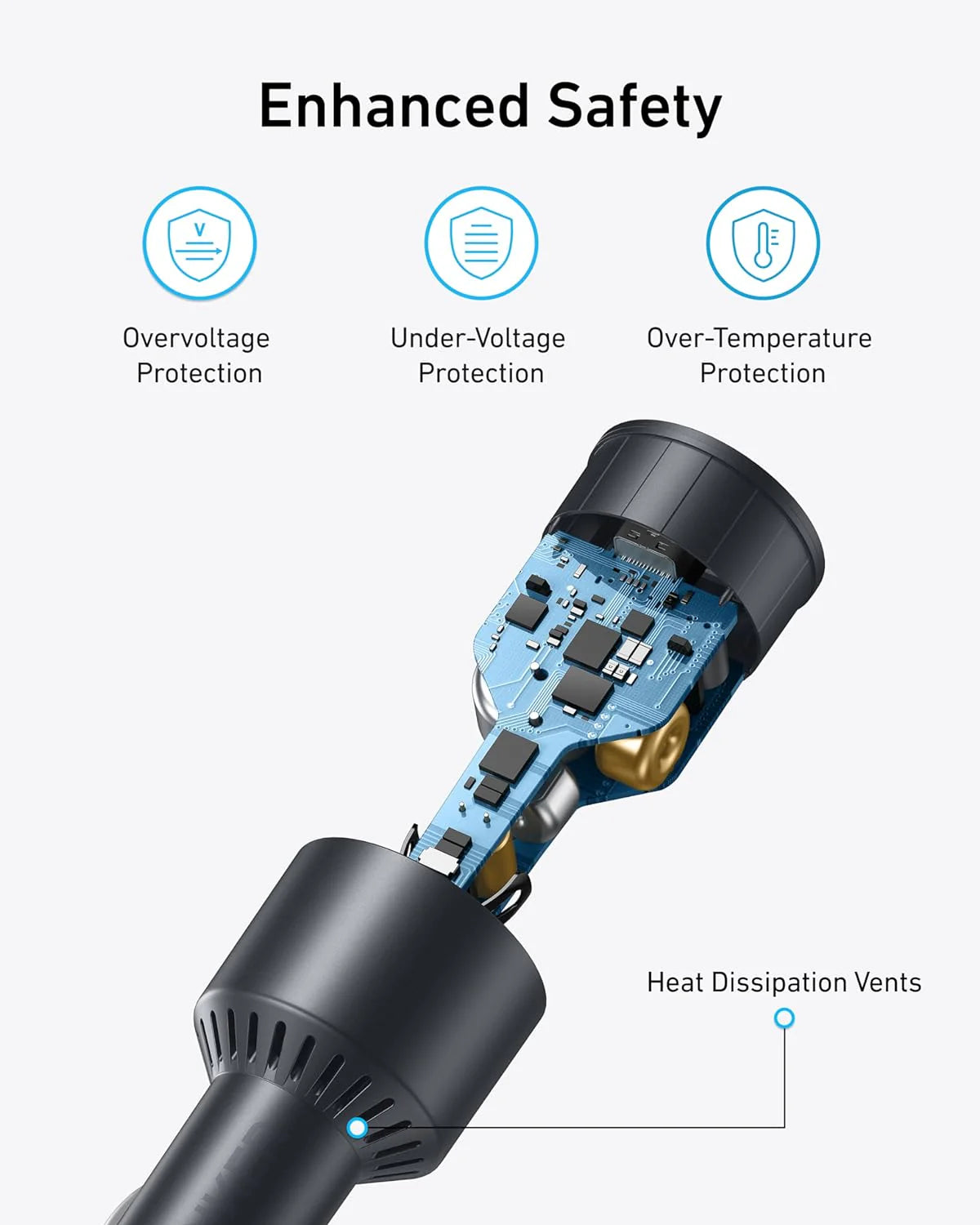شاحن سيارة أنكر مع 3 منافذ بقدرة 167.5 واط وكابل تايب سي بطول 1 متر - رمادي | Anker Car Charger 3-Ports 67.5W with 1M USB-C Cable - Gray.