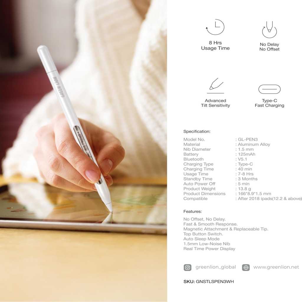 قلم جرين لايون فايند ماي ستايلس الذكي - ابيض | Green Lion Find My Stylus Pencil - White