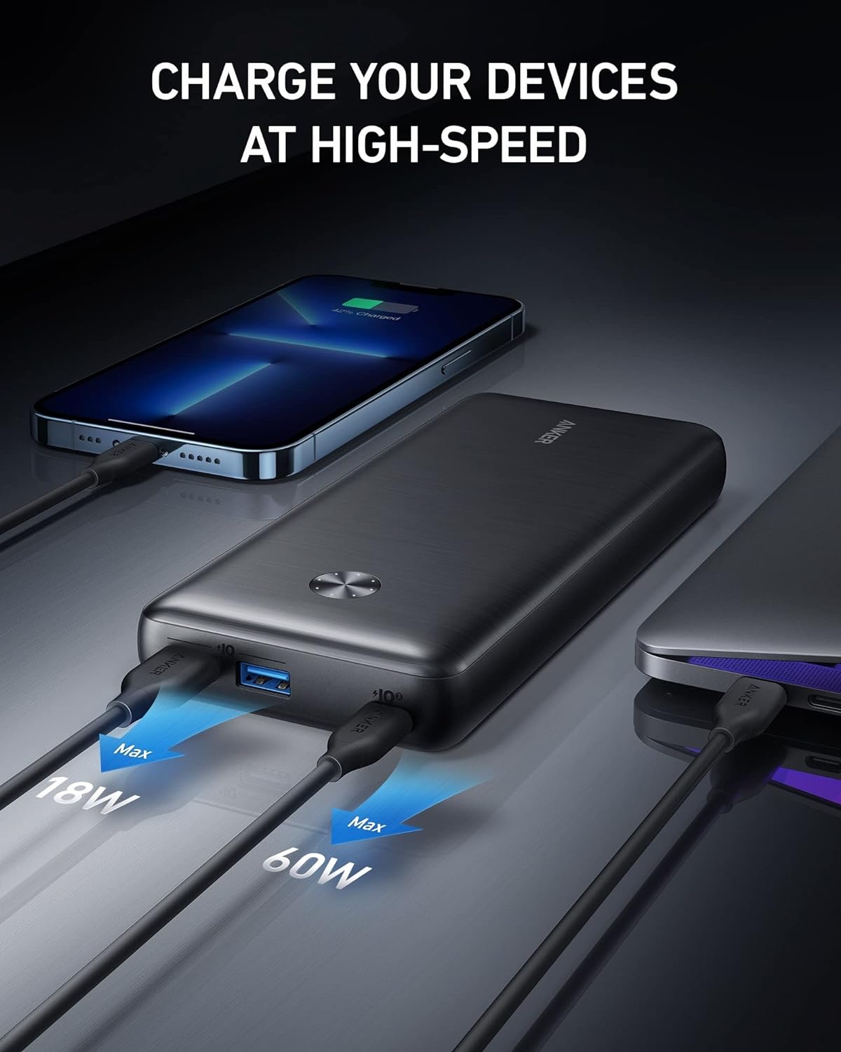 انكر 737 باور بانك باور كور 3 ايليت 25,600 مللي امبير في الساعة كومبو مع شاحن حائط بي دي 65 واط - nker Portable Charger 737 Power Bank (PowerCore III Elite 25,600mAh) Combo with 65W PD Wall Charger