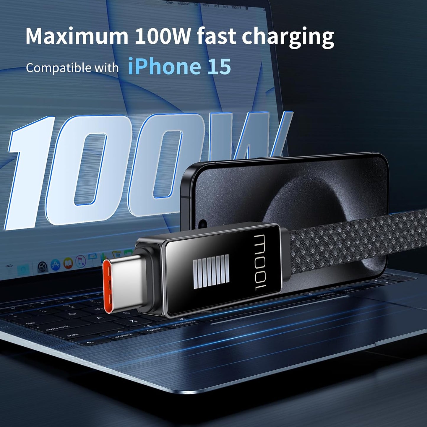 ماB C Cableكدودو كيبل يو اس بي سي شاشة عرض ايقاع جديدة من يو اس بي سي الى يو اس بي سي كيبل شحن سريع 100 واط 4 قدم 5 امبير - Mcdodo US New Rhythm Screen Display USB C to USB C Cable 100W 4ft 5A Fast Charging