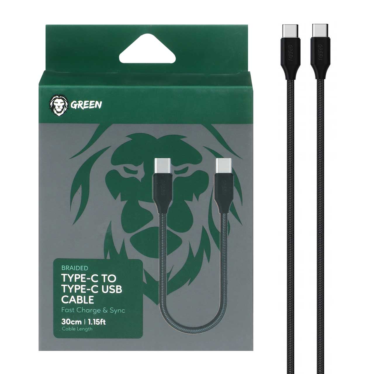 كيبل جرين لايون يو اس بي سي الى يو اس بي سي بطول 30 سم - اسود | Green Braided Type-C to Type-C Cable 30cm 2A - Black