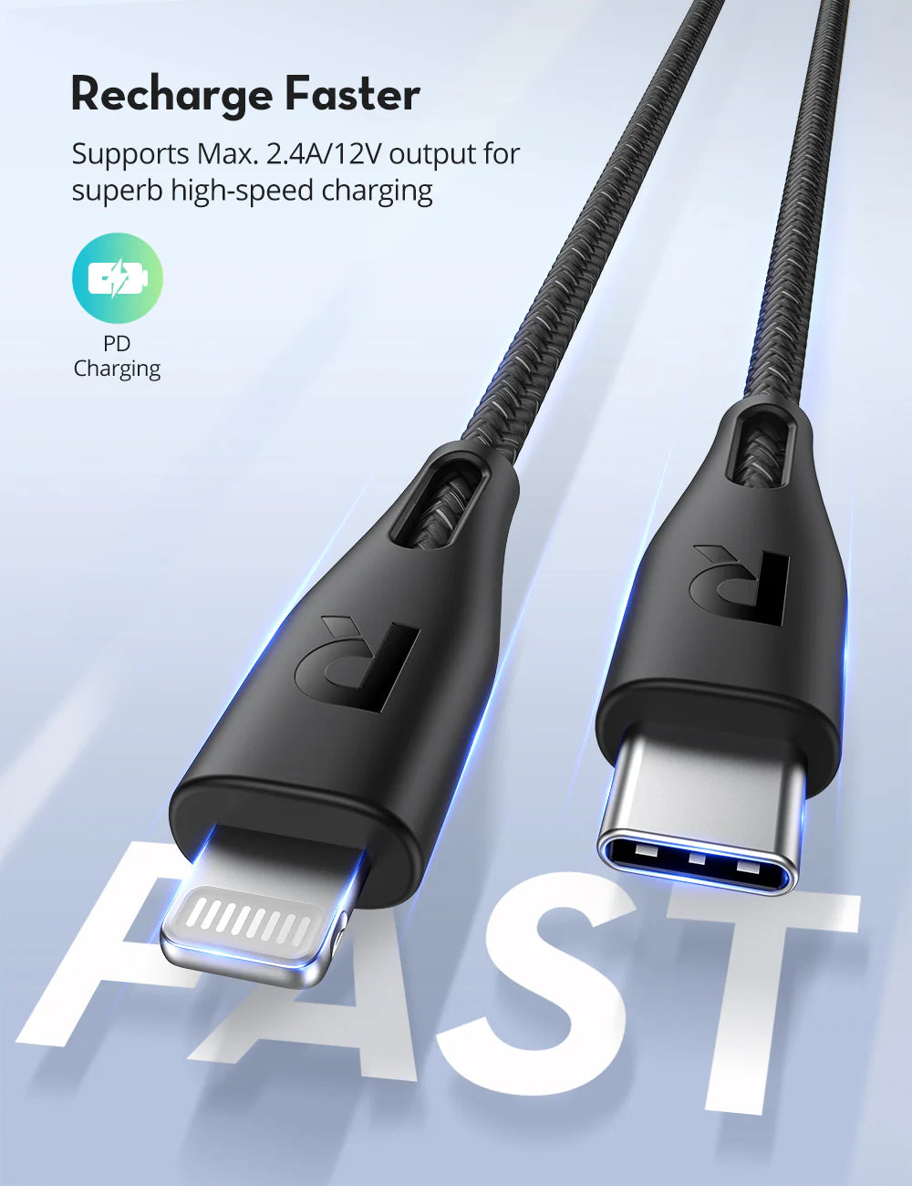 كيبل راف باور CB1017 يو اس بي سي الى لايتننغ بطول 1.2 متر - اسود | RAVPower RP-CB1017 Type-C to Lightning Cable 1.2m Nylon - Black