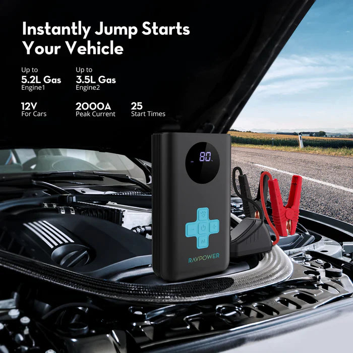 شاحن بطارية سيارة 12000 الف ملي امبير قدرة 800 امبير مع لايت عملاق ومنافذ شحن - RAVPower Jump Starter With Air Compressor 12000mAh