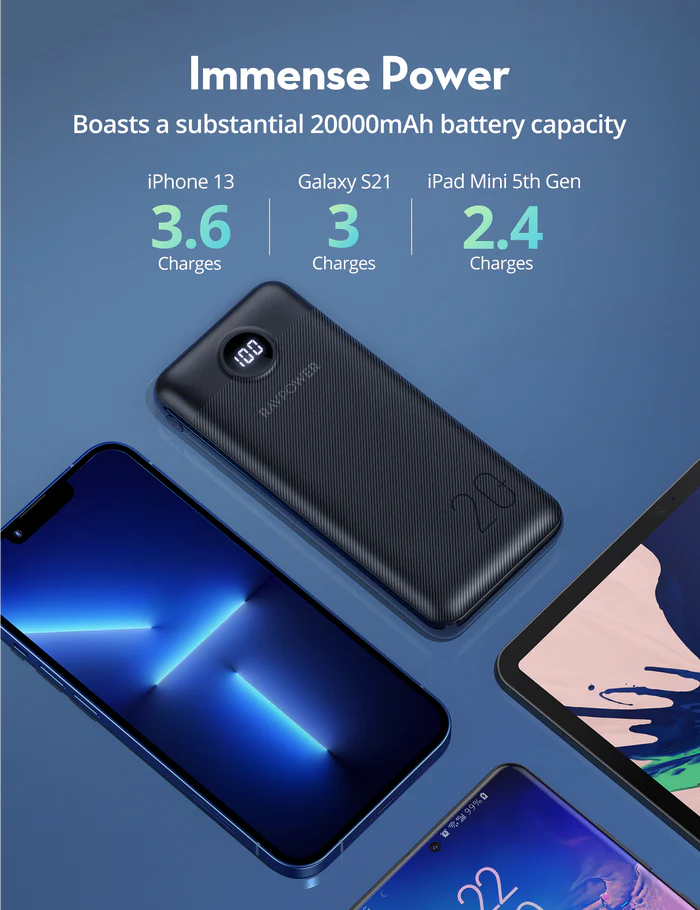 باور بانك بسعة 20 الف ميلي أمبير بقدرة 20 واط مع ثلاث منافذ من راف باور - RAVPower 20000mAh PD 20W 3-Port USB C Power Bank