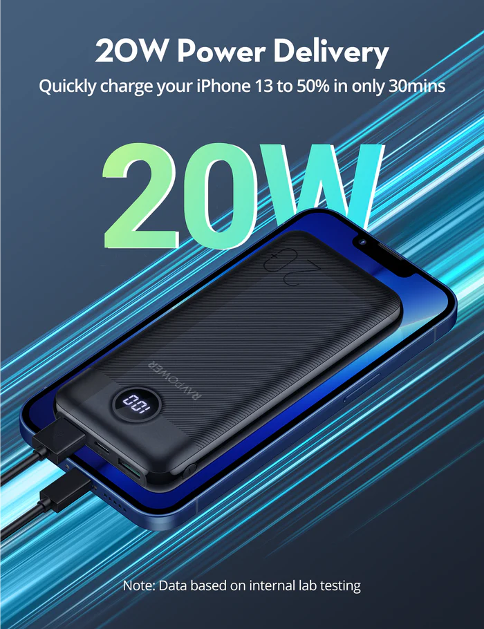 باور بانك بسعة 20 الف ميلي أمبير بقدرة 20 واط مع ثلاث منافذ من راف باور - RAVPower 20000mAh PD 20W 3-Port USB C Power Bank