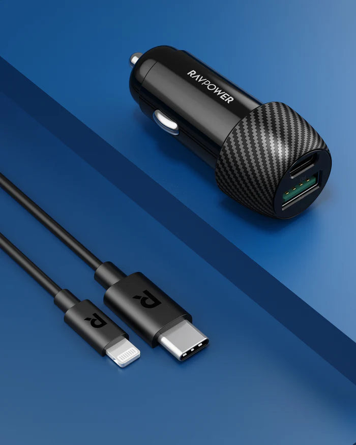 شاحن سيارة بقدرة 49 واط مع منفذين تايب سي ويو اس بي بالاضاقة الى كيبل تايب سي الى لايتننغ - RAVPower PD Dual Port USB C Car Charger with USB C to Lightning Cable