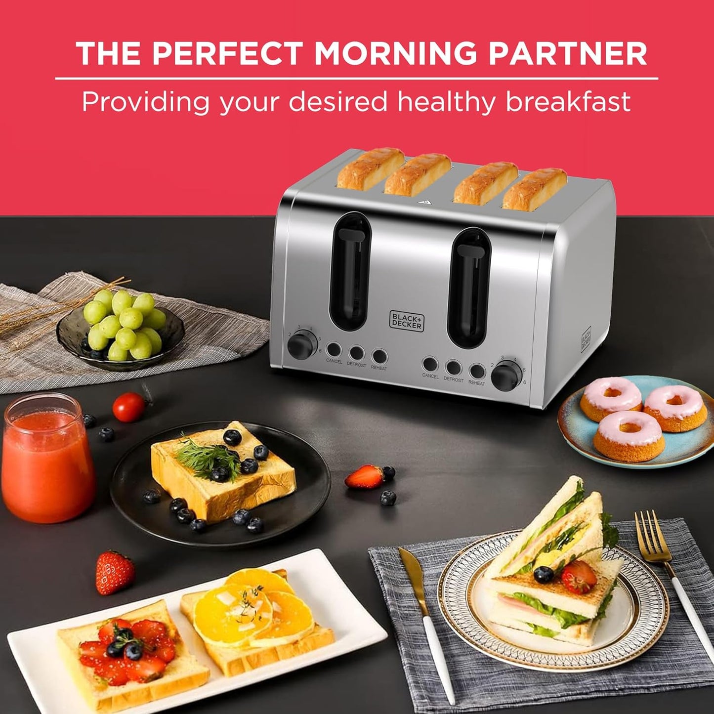 Black+Decker 4-slice toaster, 2100W, 2-sided heating, 6 toasting settings - محماصة خبز 4 شرائح بلاك آند ديكر 2100 وات ستيل