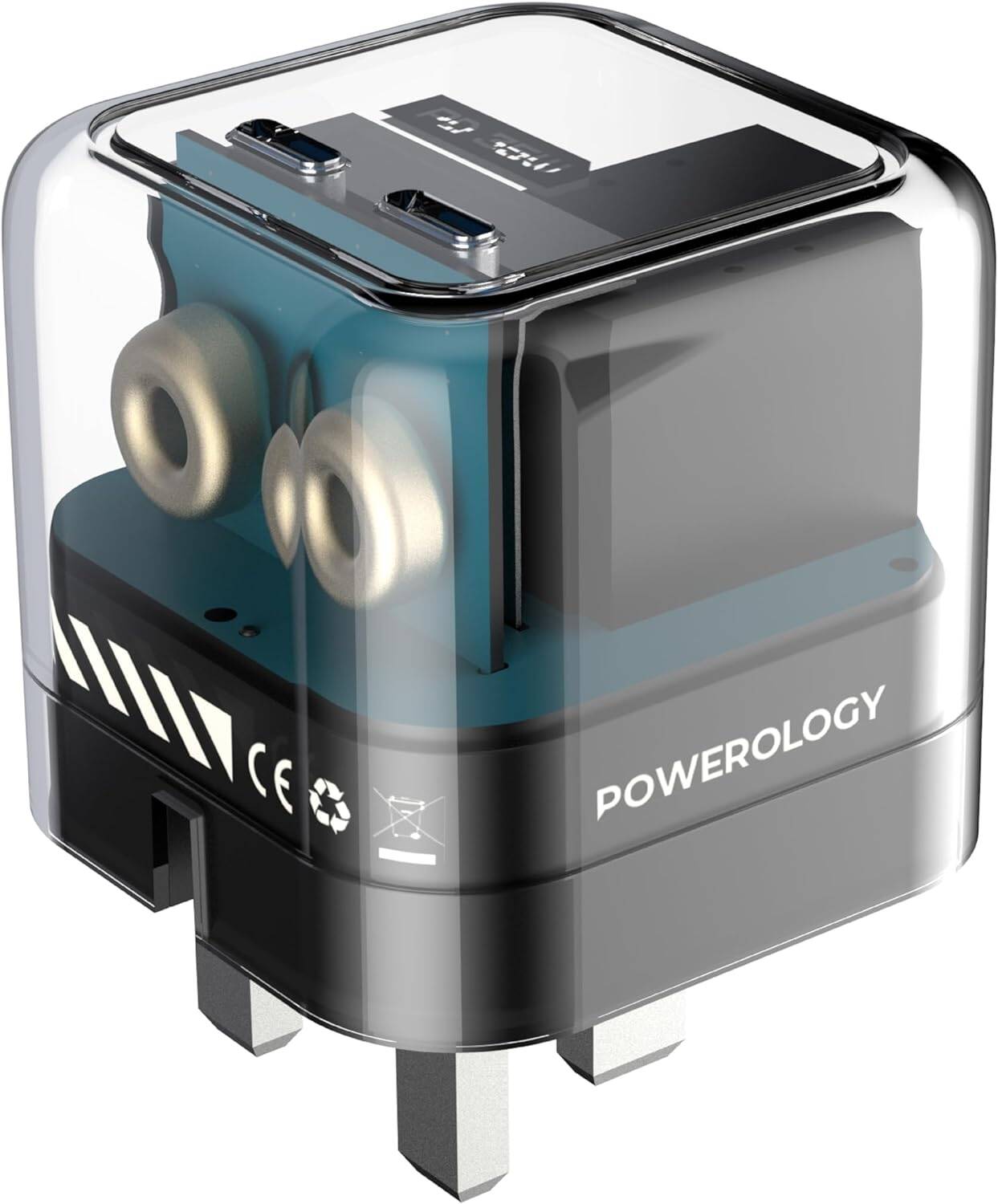 شاحن باورولوجي كريستالين 35 واط بمنفذين يو اس بي سي وتصميم شفاف | Powerology Crystalline Series 35W PD Dual USB-C Wall Charger.