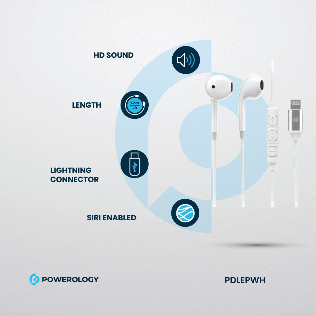 سماعة باورولوجي السلكية بمنفذ لايتننغ, كيبل بطول 1.2 متر - ابيض | Powerology Stereo MFi Lightning Earphones 1.2M – White